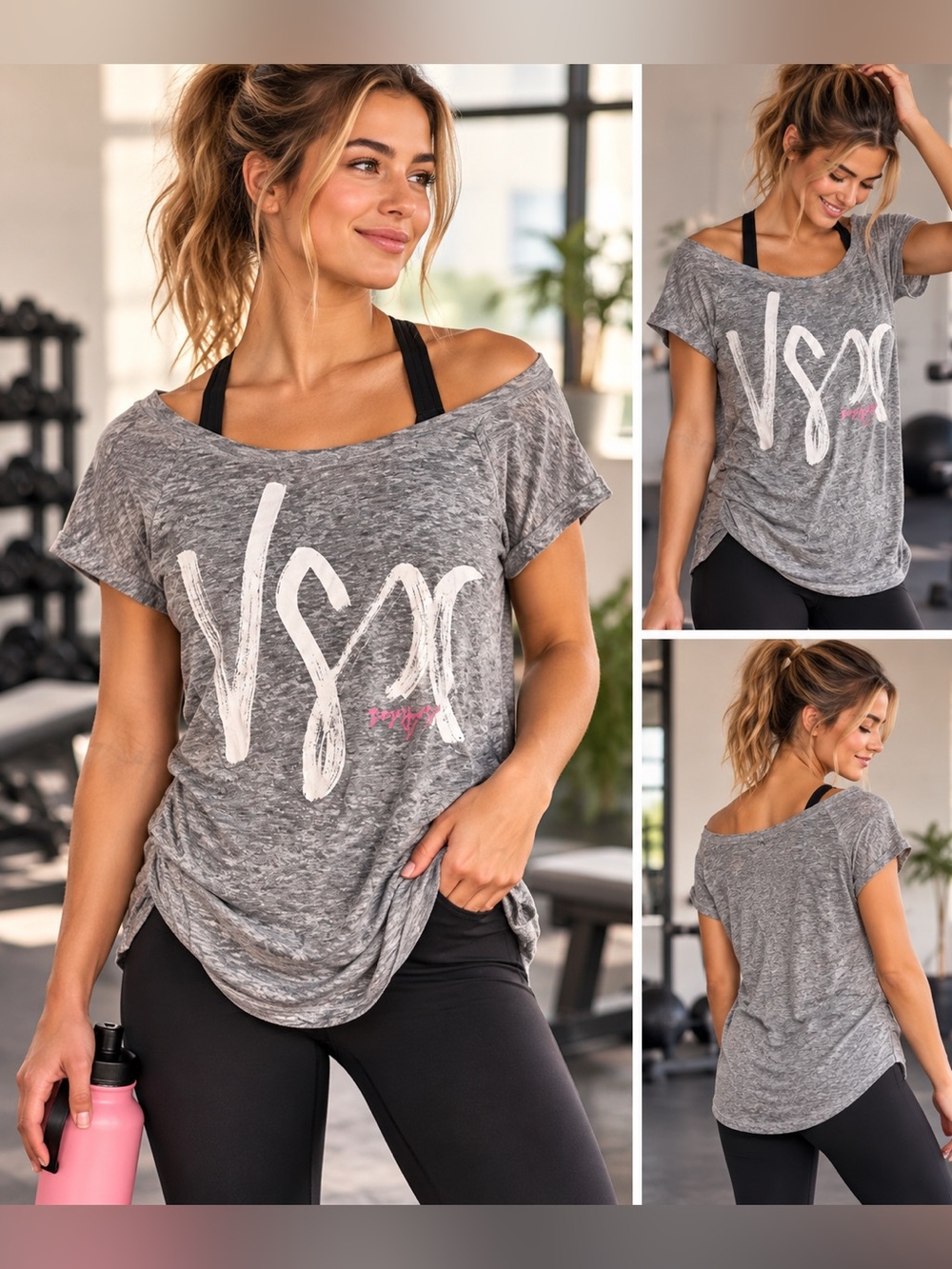 Vintage Victoria’s Secret VSX Sport Gray Off Shoulder Graphic Tee Medium Rare